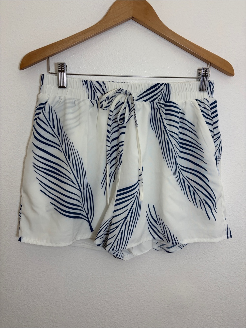 White Drawstring Shorts with Navy Leaf Print
